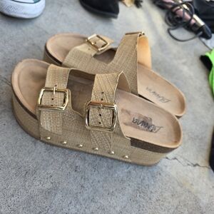 Loeffler Randall Gold Buckle Tan Platform Sandals